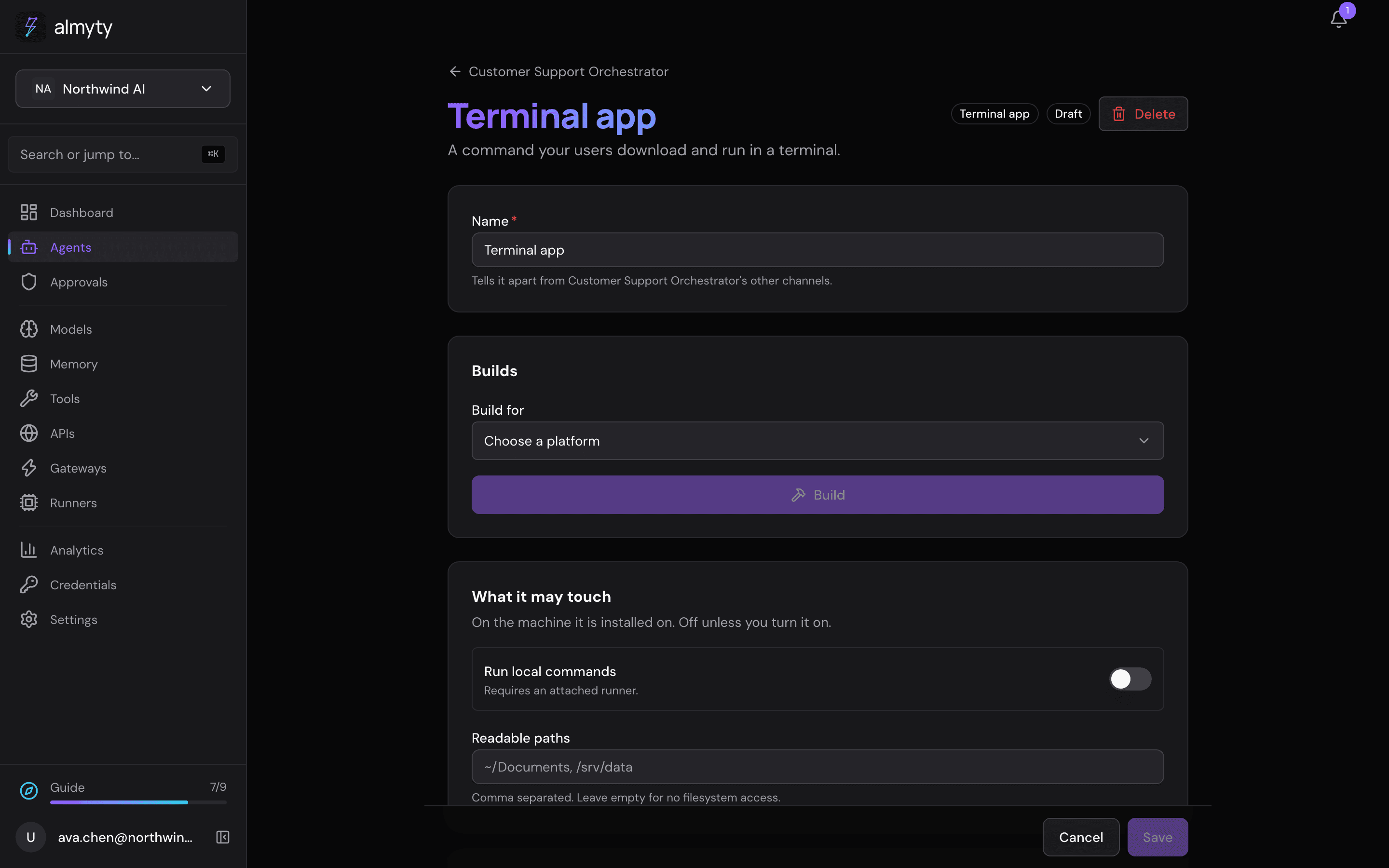 A Terminal app channel reporting a build-capability problem