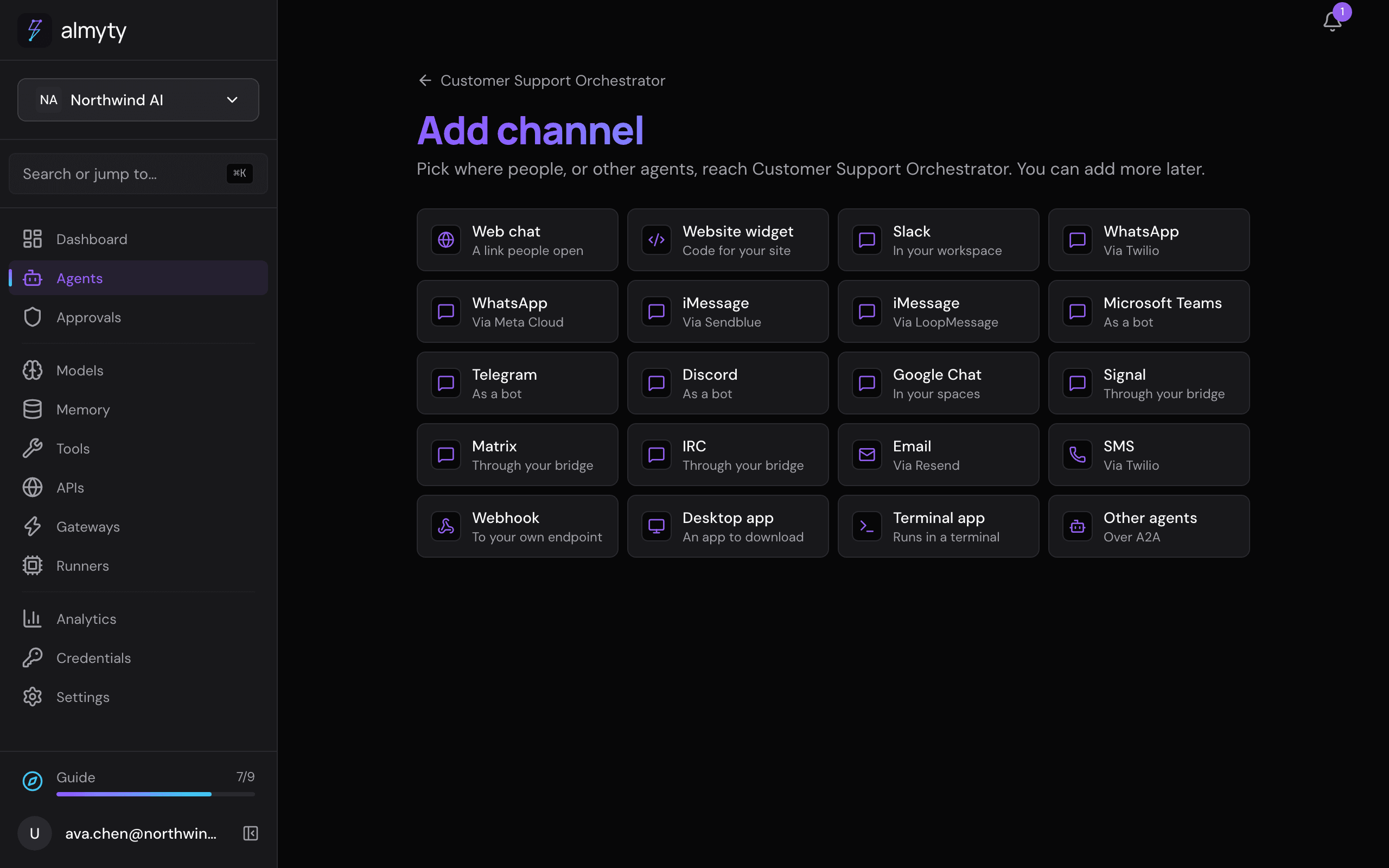 Deploying a channel on an agent: pick the platform, name it, paste its credentials