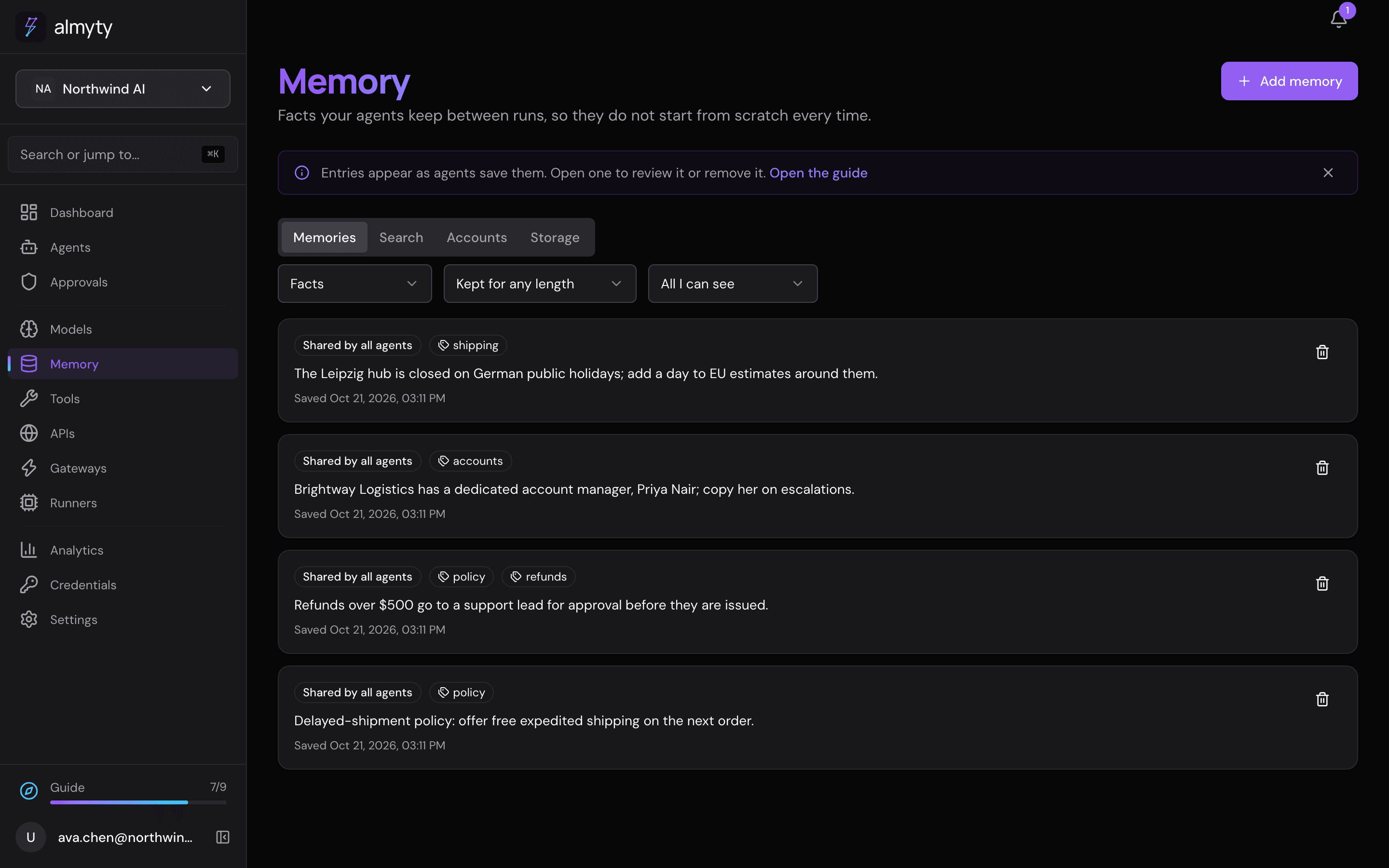 Memories the demo organization's agents keep, each with how long it is kept
