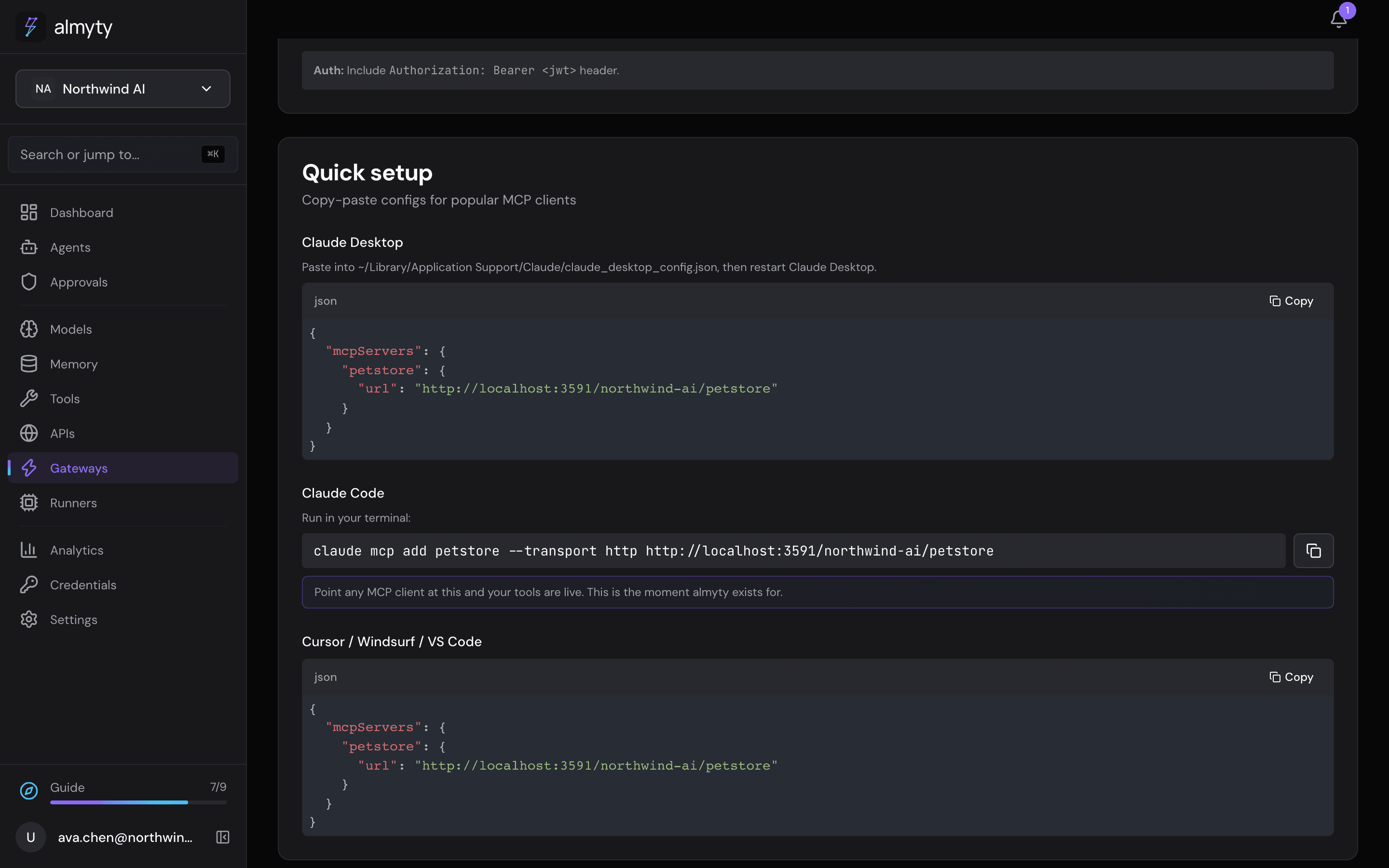 The client setup on the gateway page
