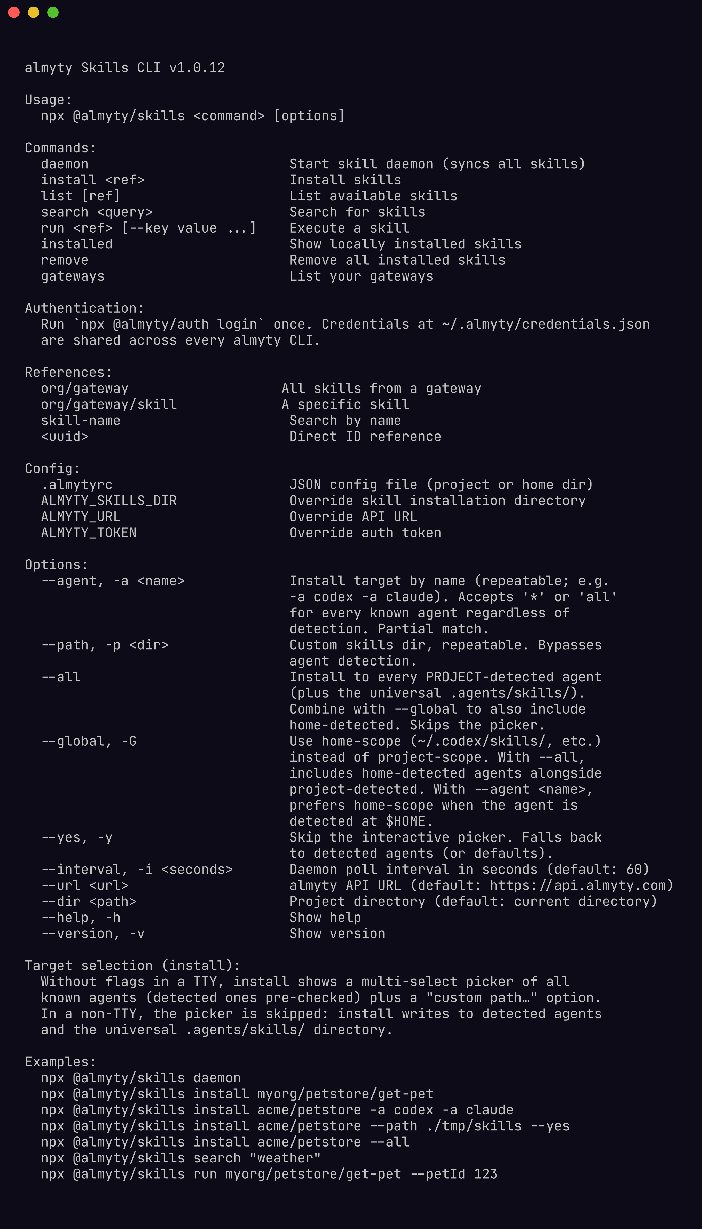 @almyty/skills CLI help