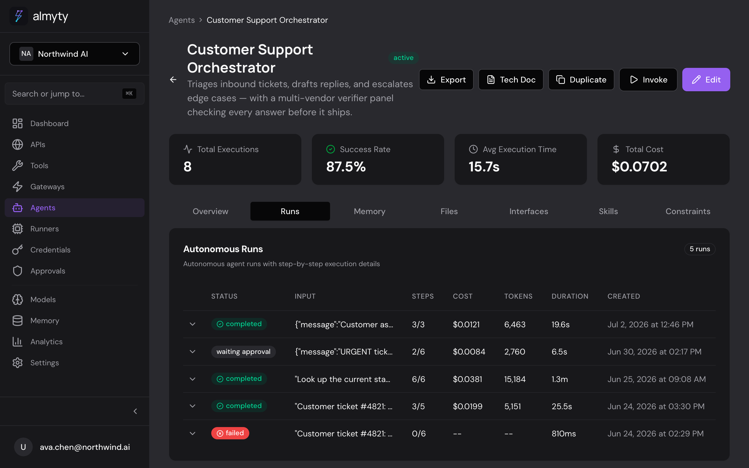 Autonomous runs, each showing its step count, cost, tokens, and outcome