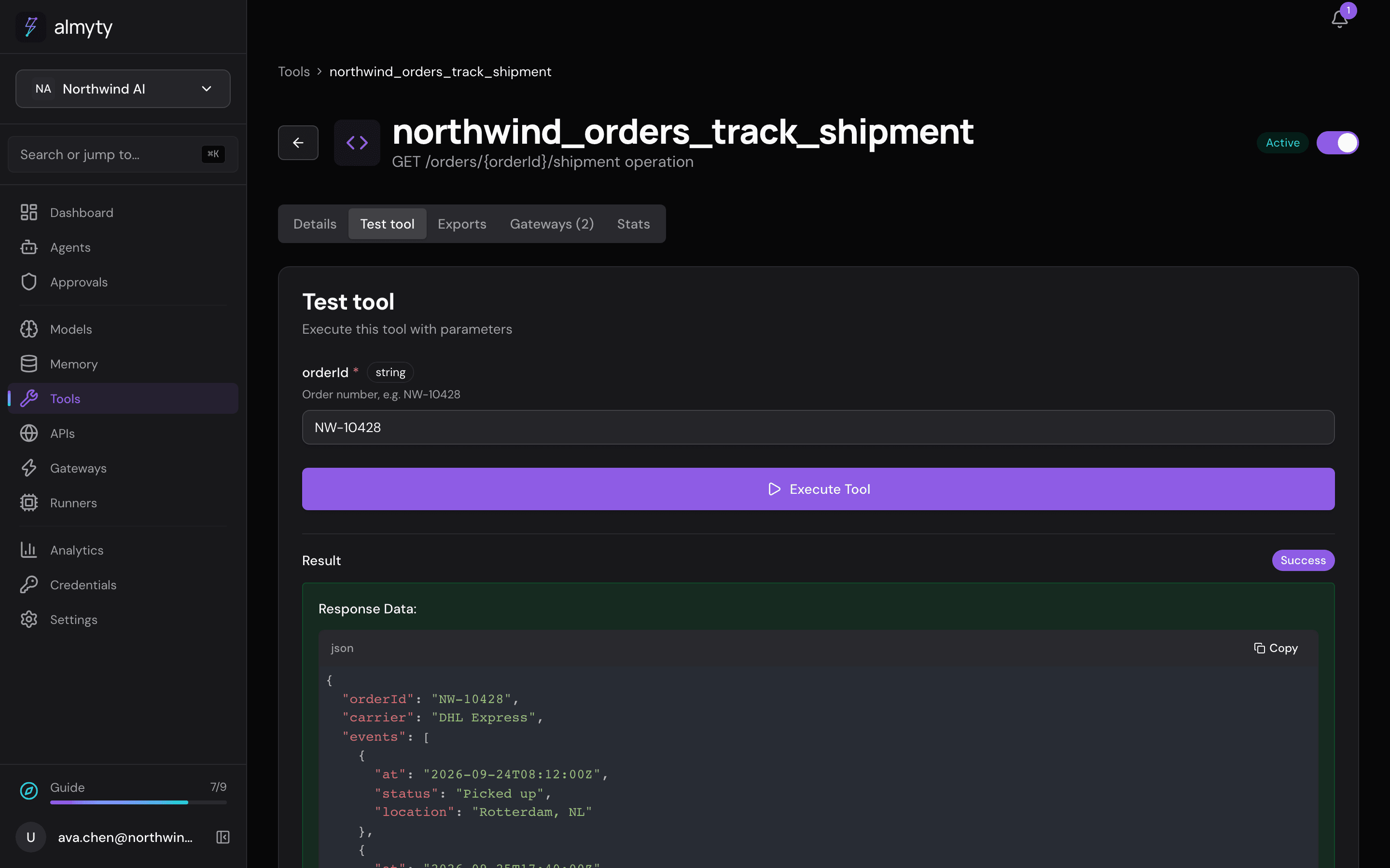 Generated weather tool with its parameter schema and Test tool tab