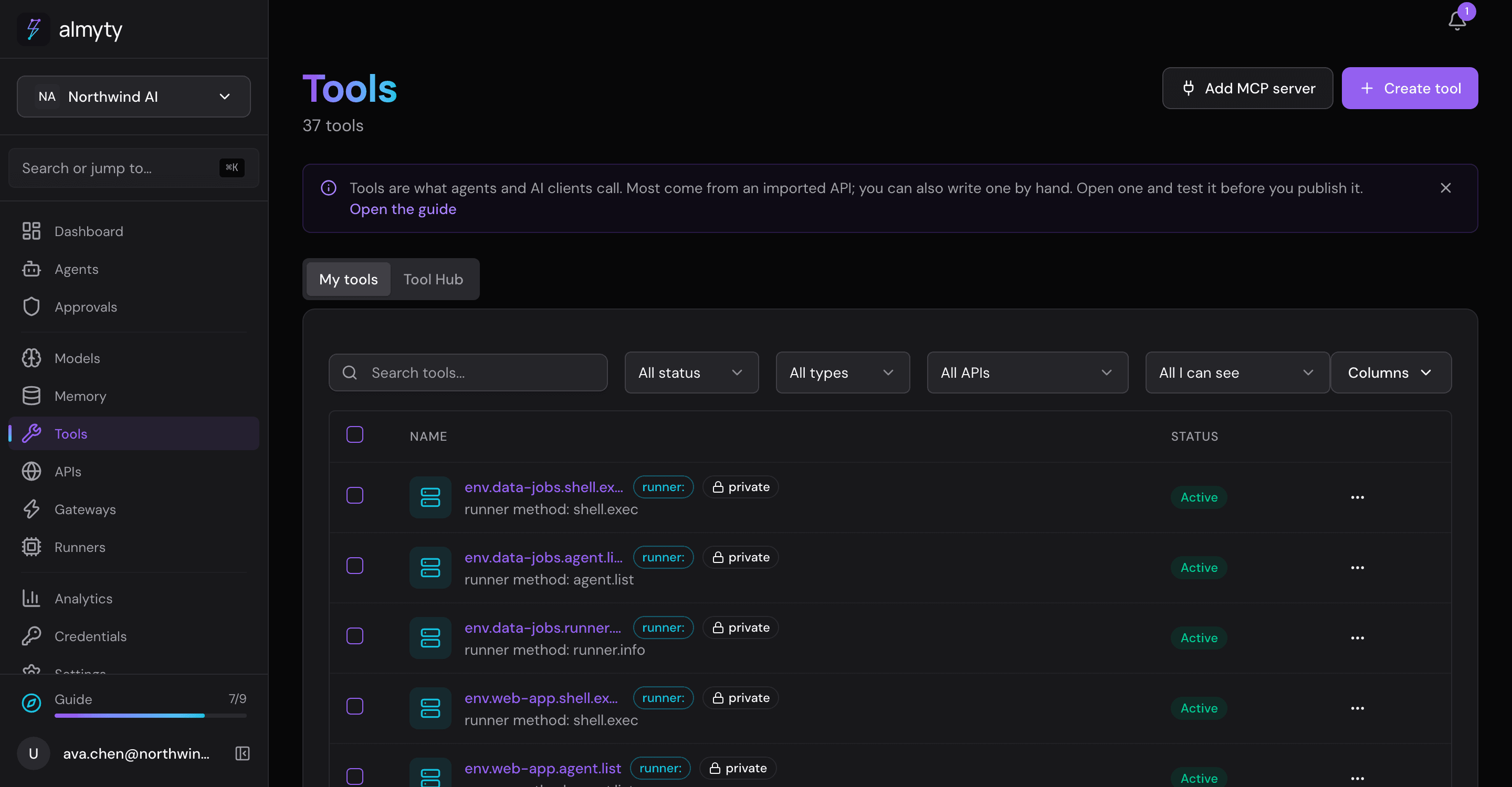 Tools list filtered to active tools on the current page, with names, source labels, and status