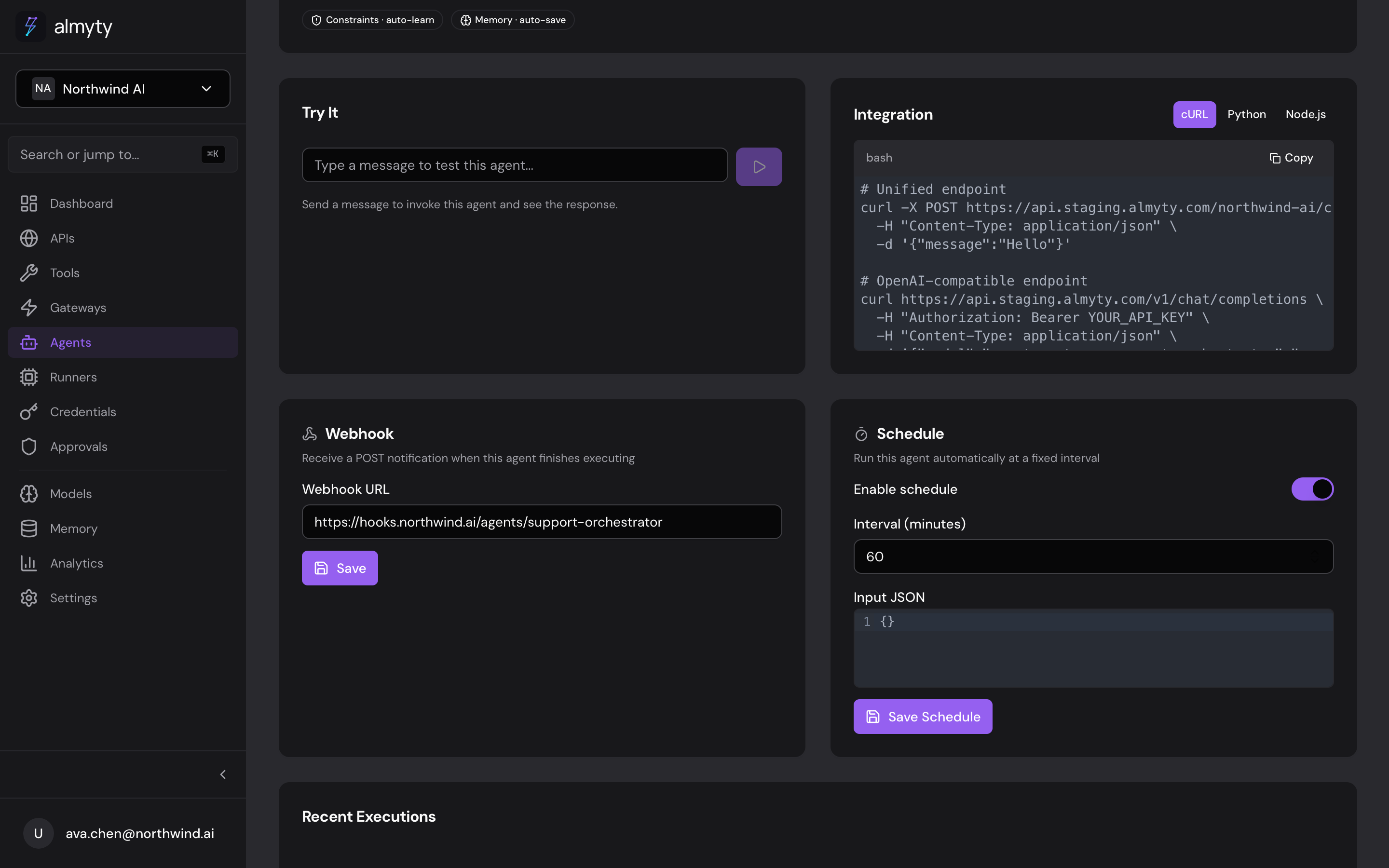The Webhook config on an agent: a URL almyty calls when the run finishes